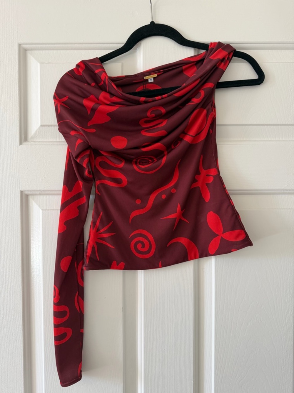 Asymmetric Red Patterned Cowl-Neck Top